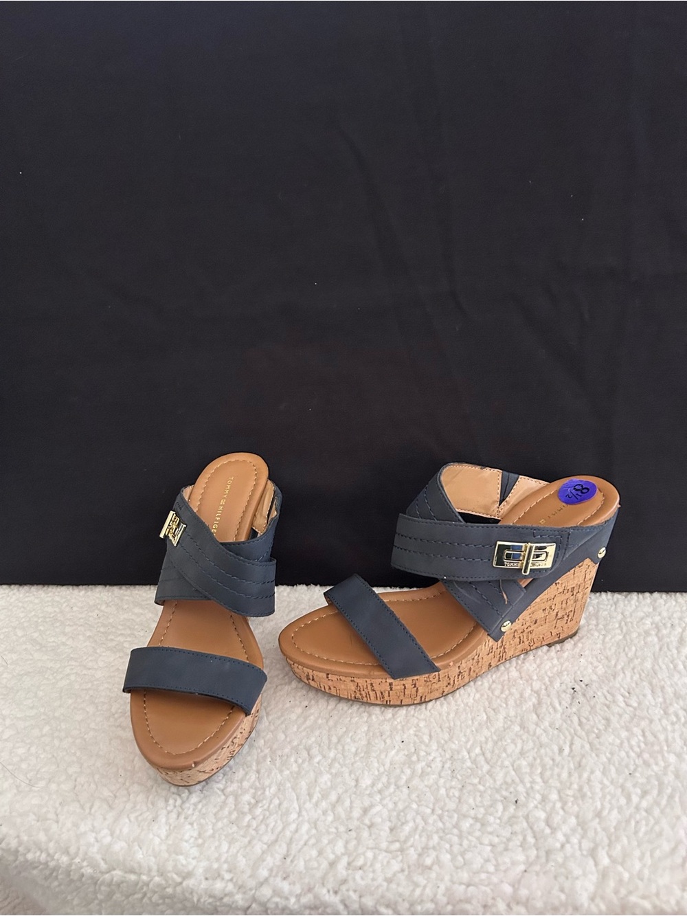 Tommy Hilfiger Navy and Cork Wedge Sandals with Gold Buckle